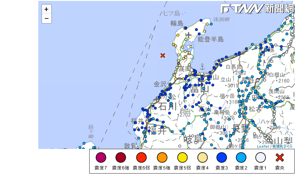 連9震！日本石川縣能登半島21:47發生規模6.4地震　最大震度5弱