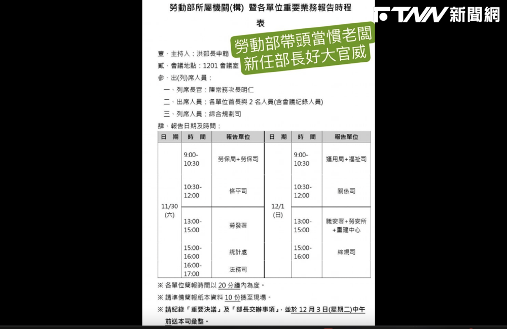 洪孟楷爆：新勞長洪申翰要內部六日加班開會簡報，還下封口令