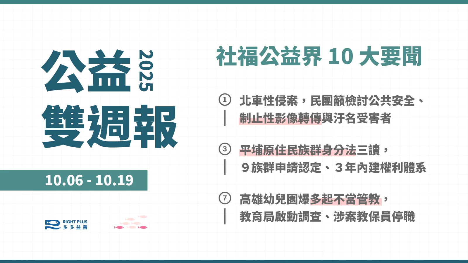 【雙週報｜10/06-10/19】北車性侵案民團制止性影像轉傳、平埔原住民族群身分法三讀、高雄幼兒園不當管教 10 餘人受害's story cover image